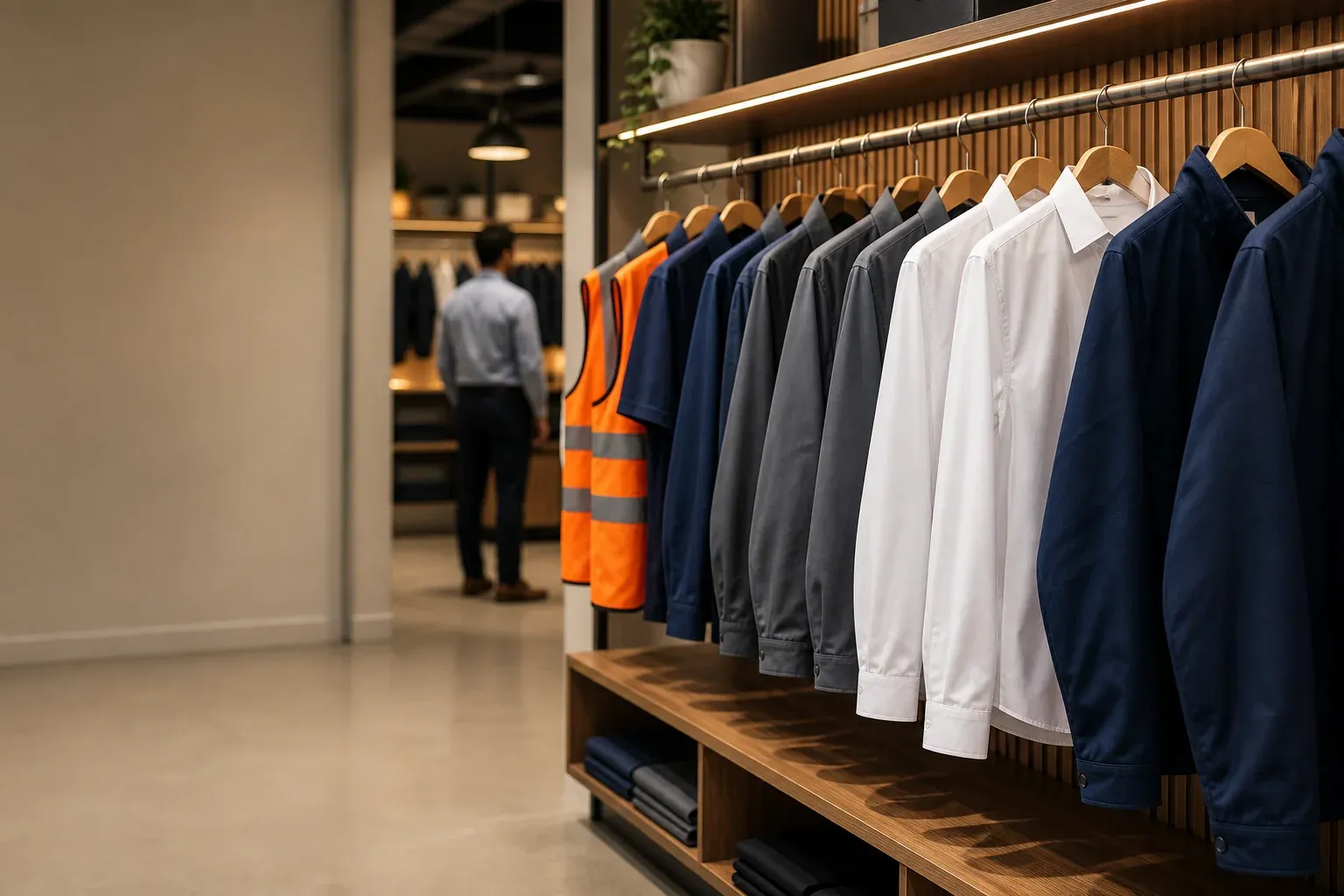 Showroom premium con uniformes LIVIO ordenados por color y material