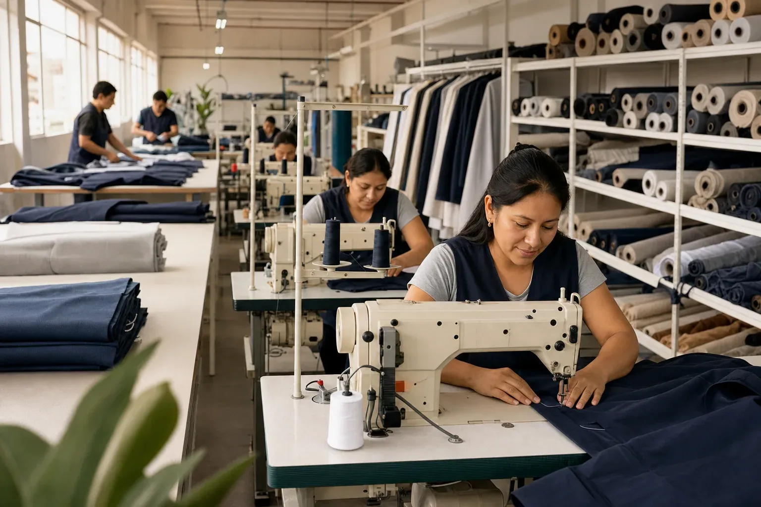 Taller de confeccion textil peruano con operarios, maquinas industriales y rollos de tela ordenados
